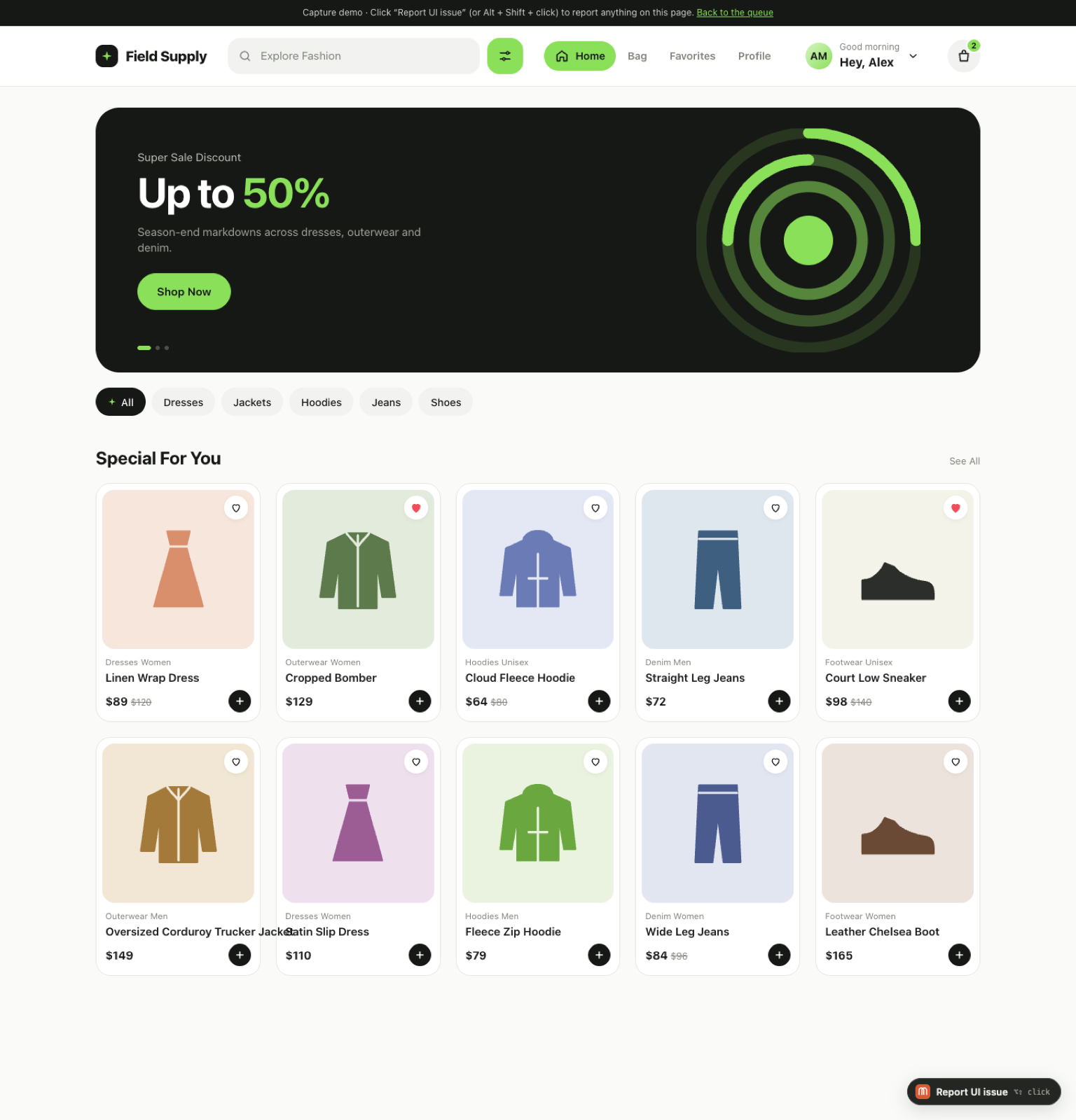 The sample web store with the Pointfix launcher
